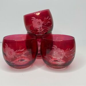Vintage Ruby Red Etched Floral Glasses | Set of 4 Roly Poly Lowball Tumblers